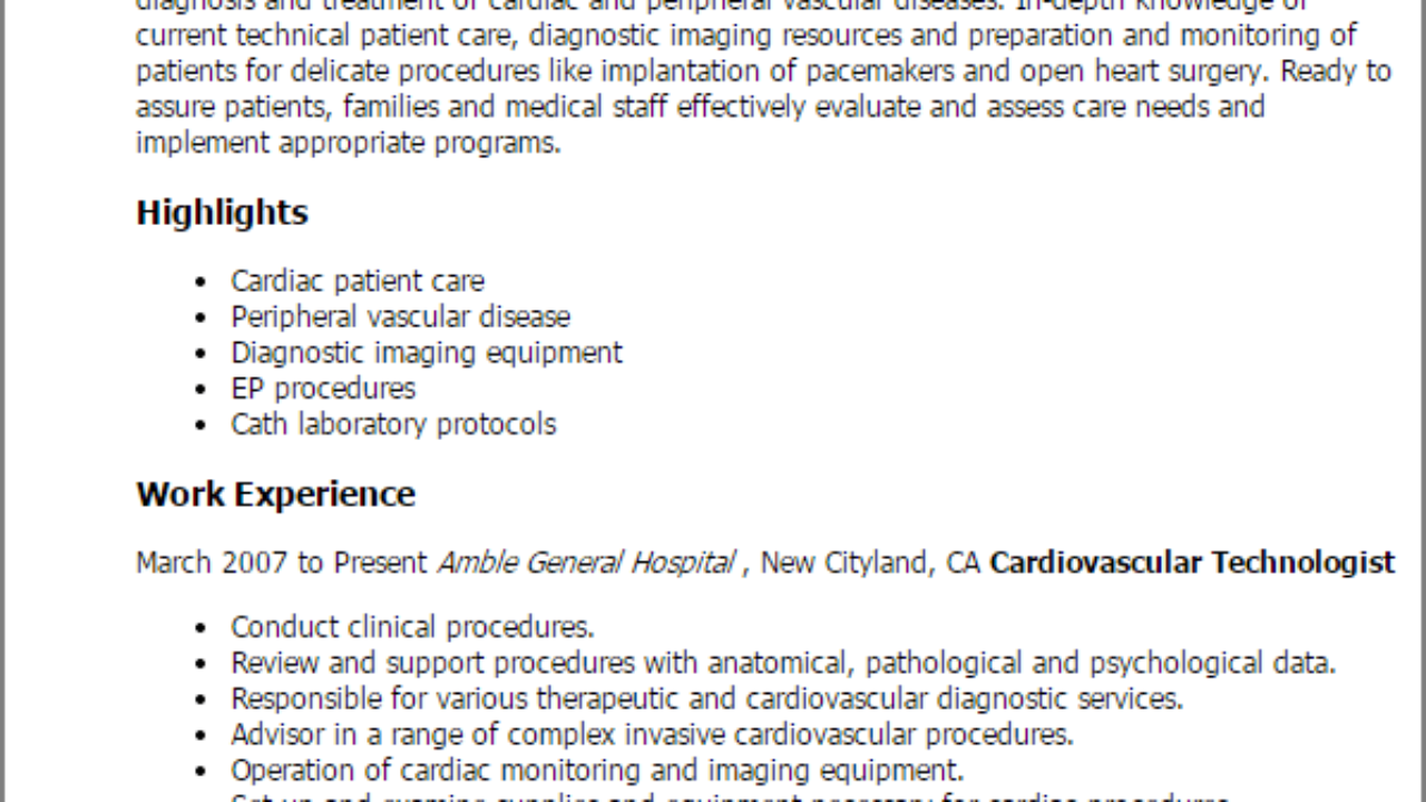 professional cardiovascular technologist templates to vascular technologist cover letter