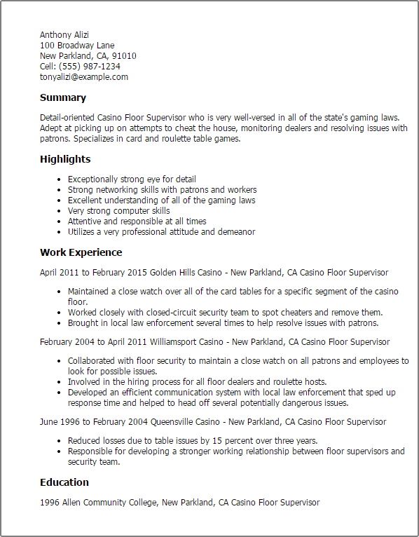 Casino floor supervisor job description Casino floor supervisor job description