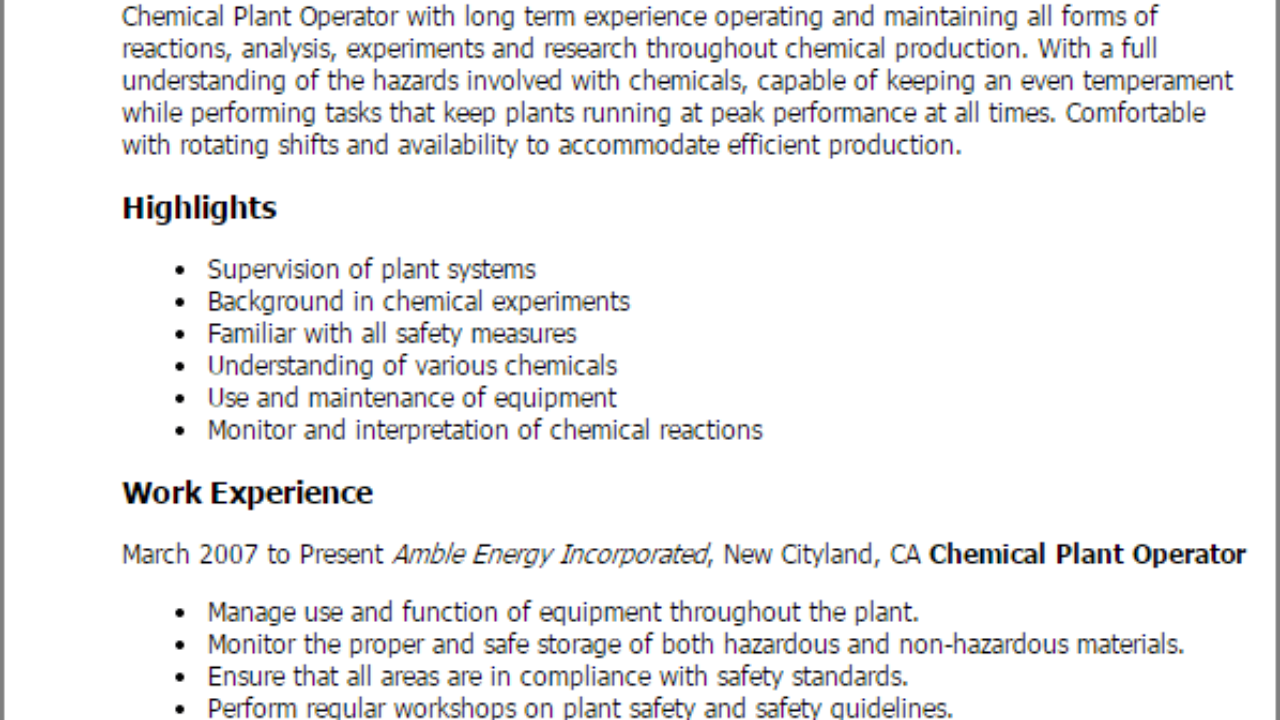 professional chemical plant operator templates to showcase chemical plant operator resume