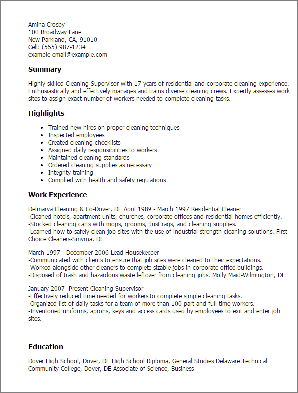 sample resume for cleaning job