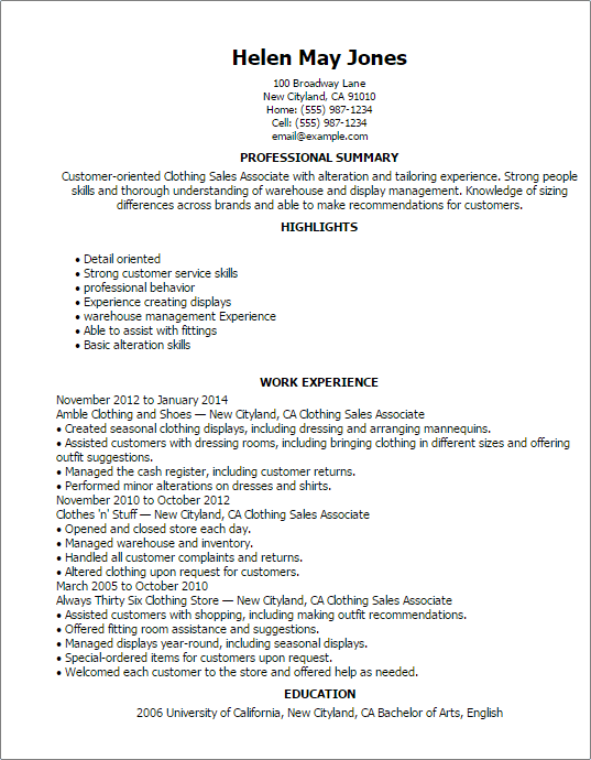 Clothing Sales Associate Resume Example Myperfectresume