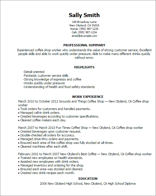 Coffee Shop Worker Resume Template Myperfectresume