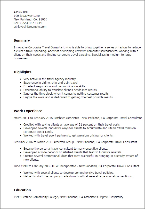 senior corporate travel consultant resume