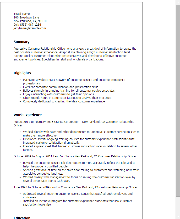 Customer Relationship Officer Resume Template — Best ...