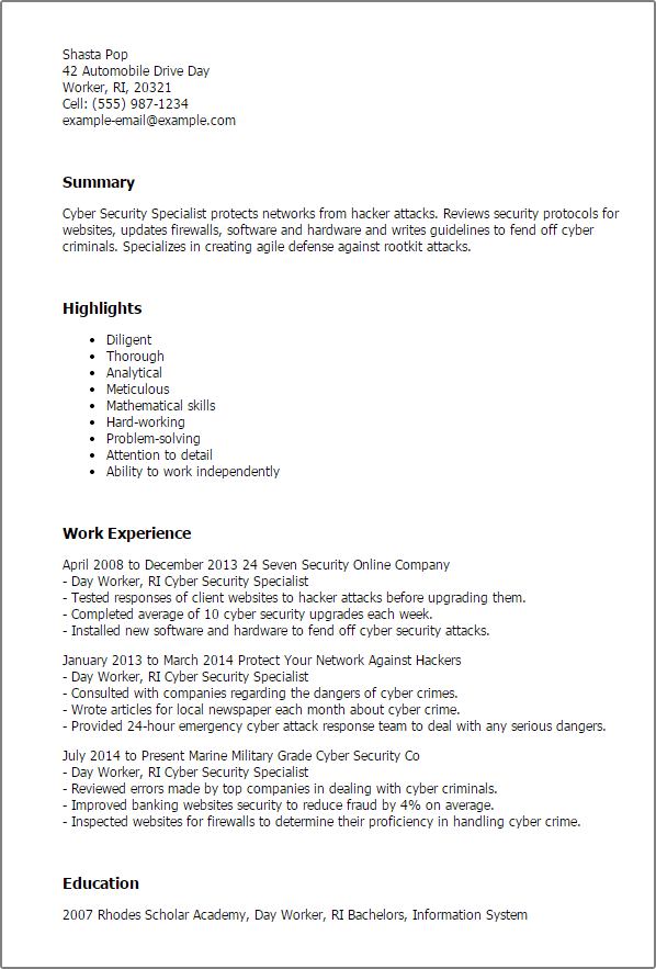 Cyber Security Specialist Resume Example Myperfectresume