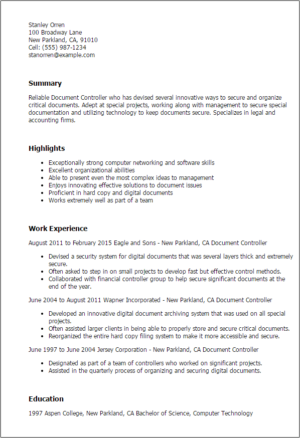 Professional Document Controller Templates Myperfectresume
