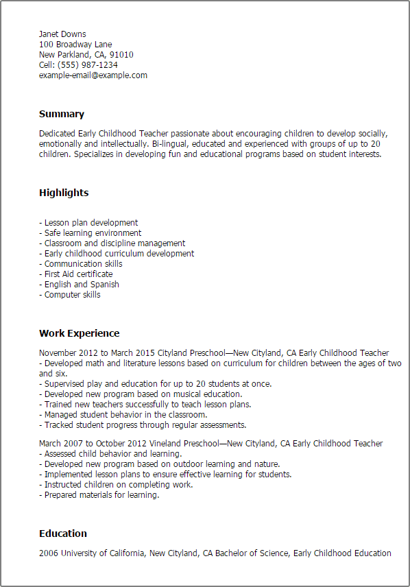 Early Childhood Teacher Resume Template Myperfectresume