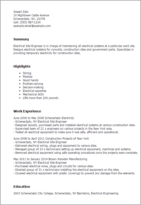 professional electrical site engineer templates to showcase electrical project engineer resume sample