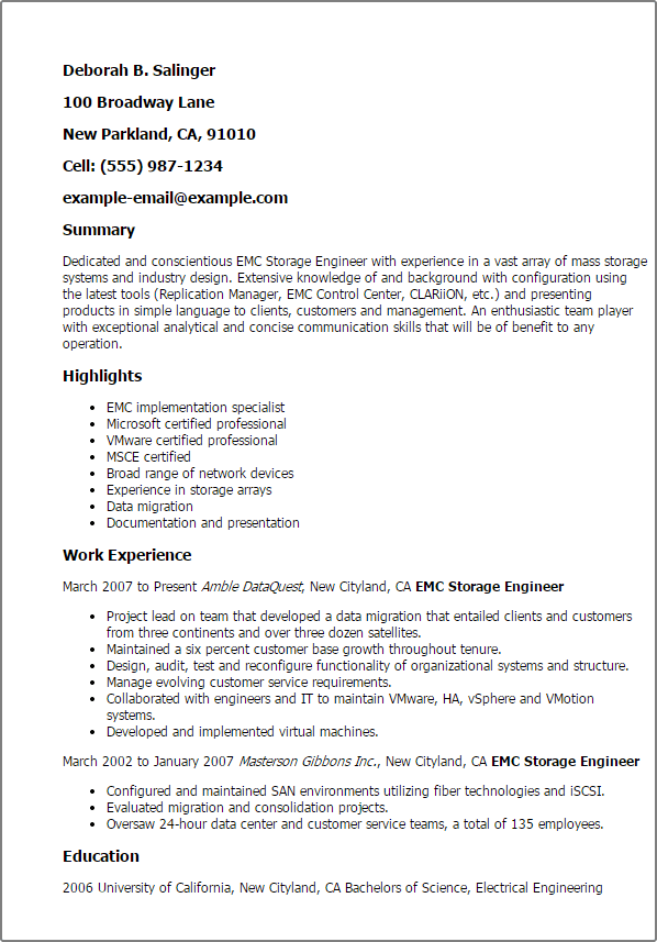 professional emc storage engineer templates to showcase your storage engineer resume