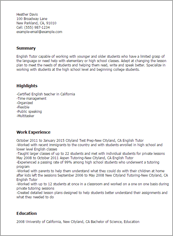 Professional English Tutor Templates To Showcase Your Talent Myperfectresume
