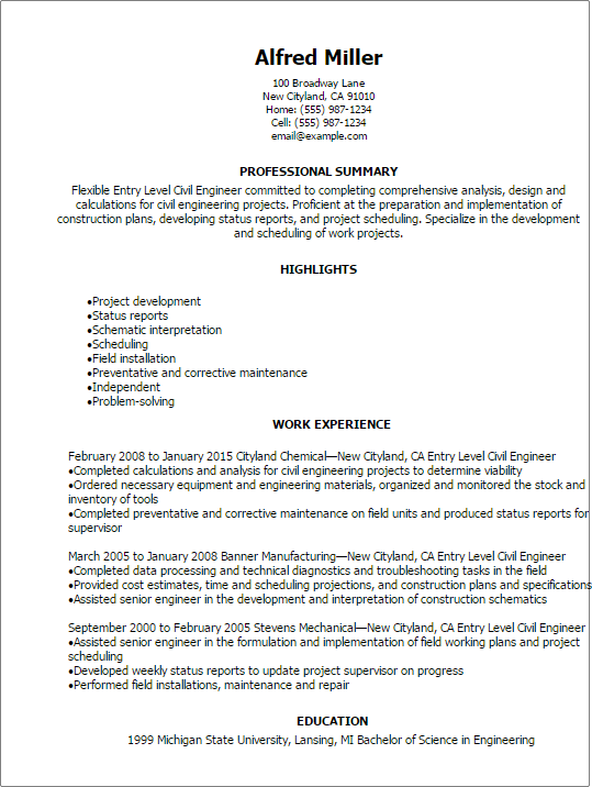 Professional Entry Level Civil Engineer Resume Templates ...
