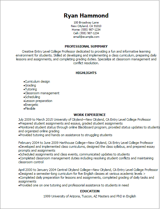 Entry Level College Professor Resume