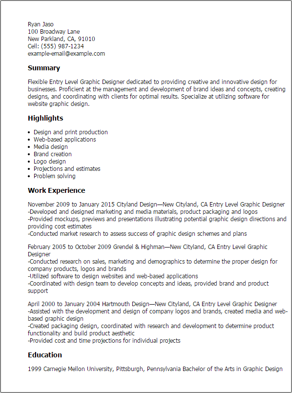 1 Entry Level Graphic Designer Resume Templates Try Them Now Myperfectresume