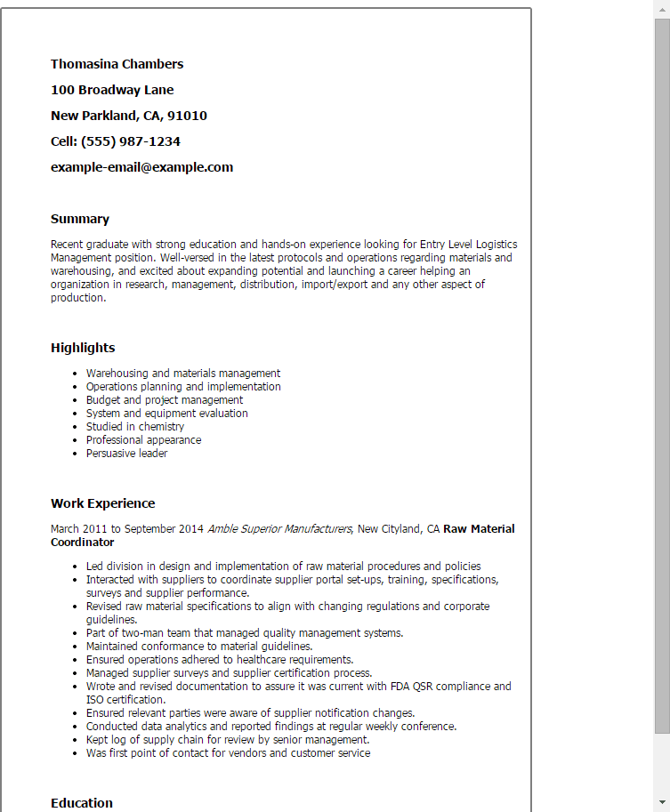 Entry Level Logistics Management