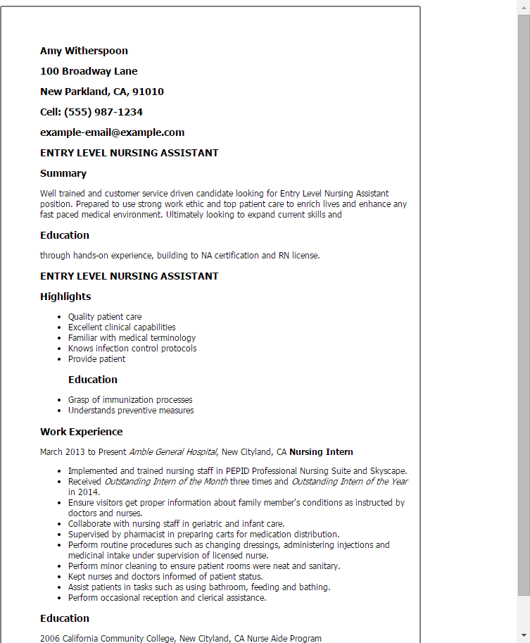 Entry Level Nursing Assistant