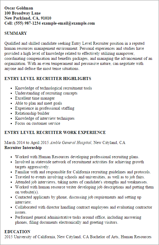 entry level recruiter resume objective