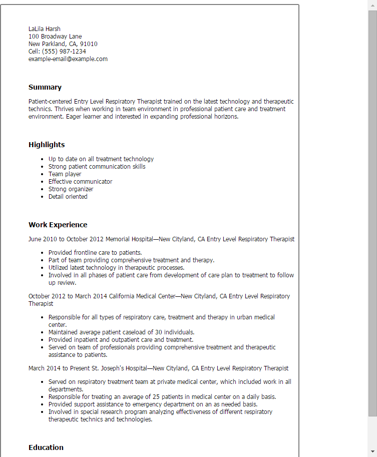 Entry Level Respiratory Therapist Resume Example Mpr