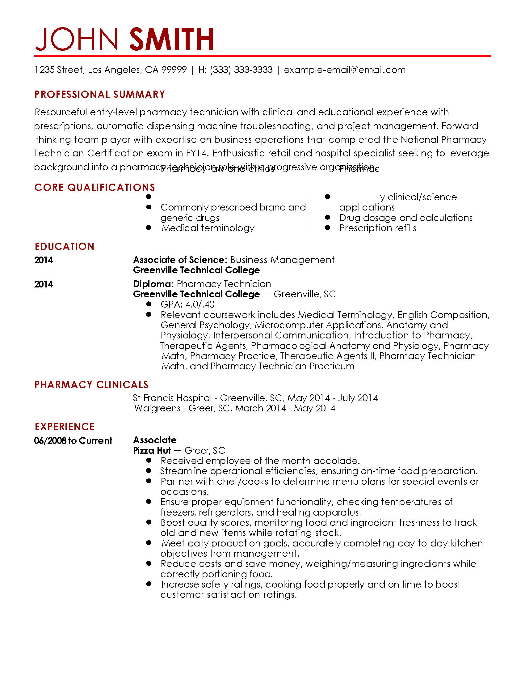 Pharmacy Tech Resume Sample