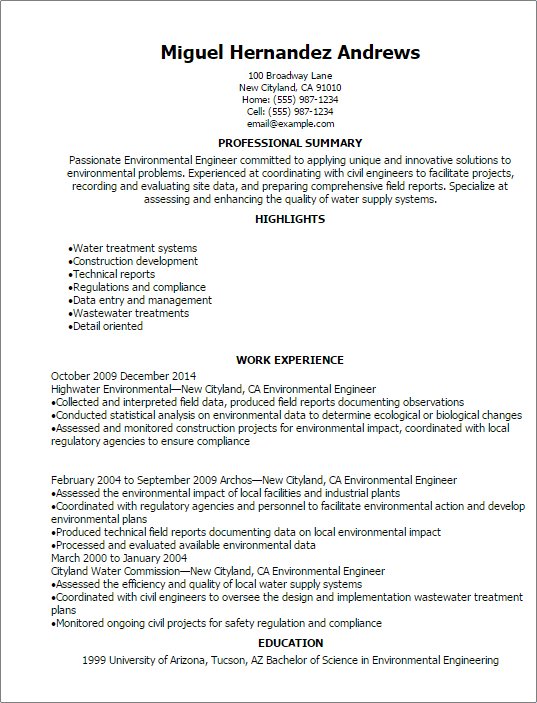 Environmental Engineer Resume Templates Myperfectresume