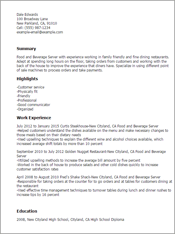 #1 Food And Beverage Server Resume Templates: Try Them Now ...