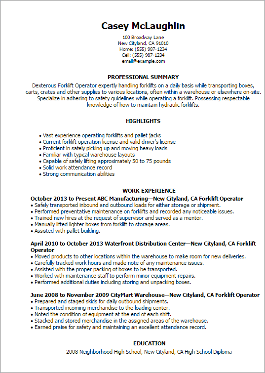 Cover Letter For Forklift Driver Sample Cover Letter
