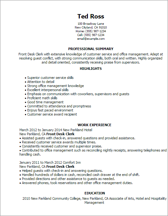 Resume For Front Desk Clerk Remar