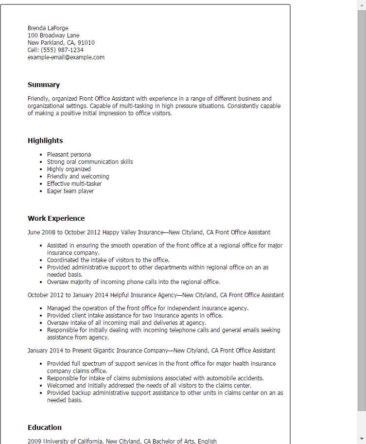 Front Desk Assistant Resume Cohren