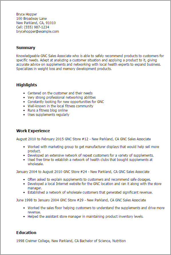 Professional Gnc Sales Associate Templates to Showcase Your Talent | MyPerfectResume