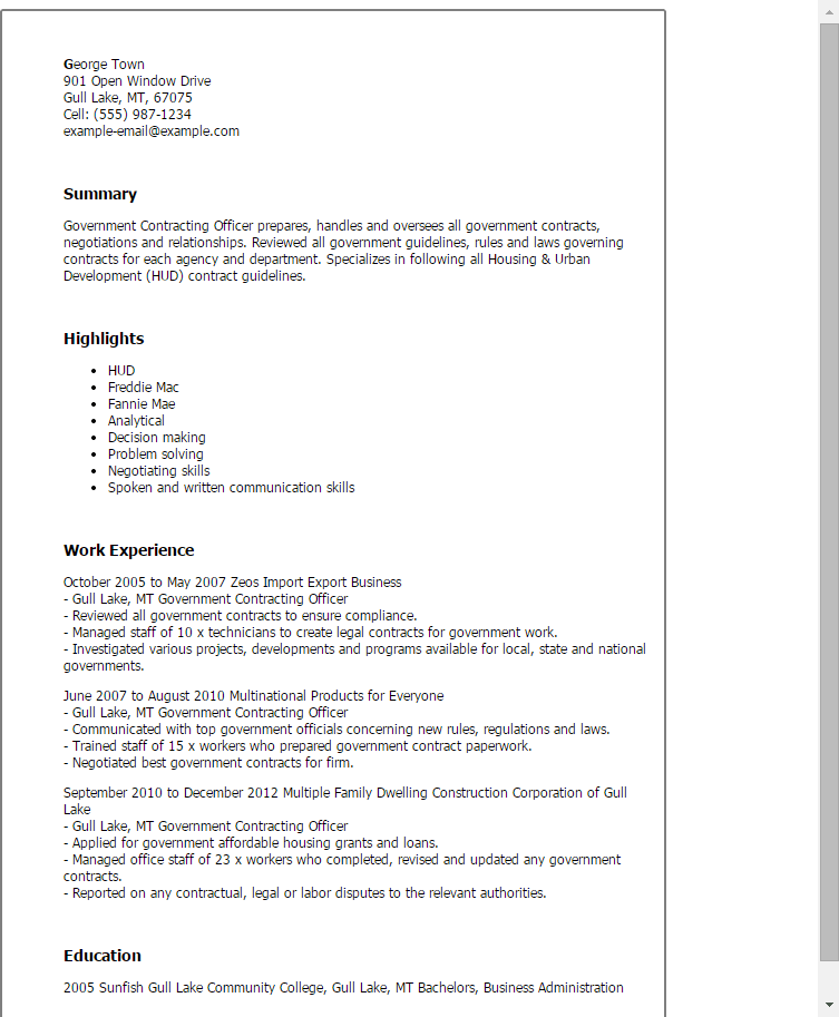 professional government contracting officer templates to showcase contract compliance resume