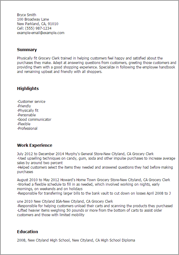 sample resume grocery store clerk