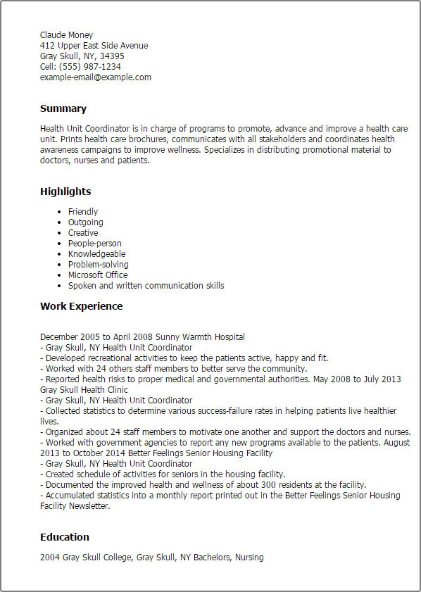 1 health unit coordinator resume templates try them now health unit coordinator resume