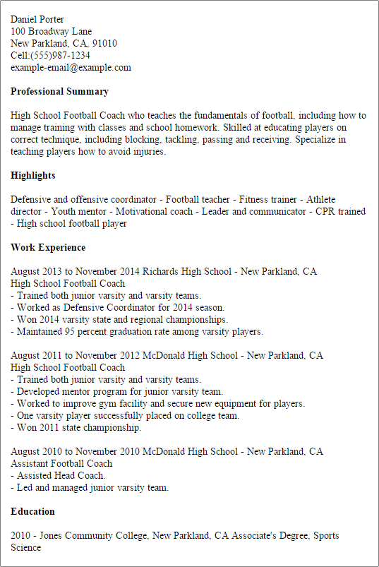 High School Football Coach Resume Example | MyPerfectResume