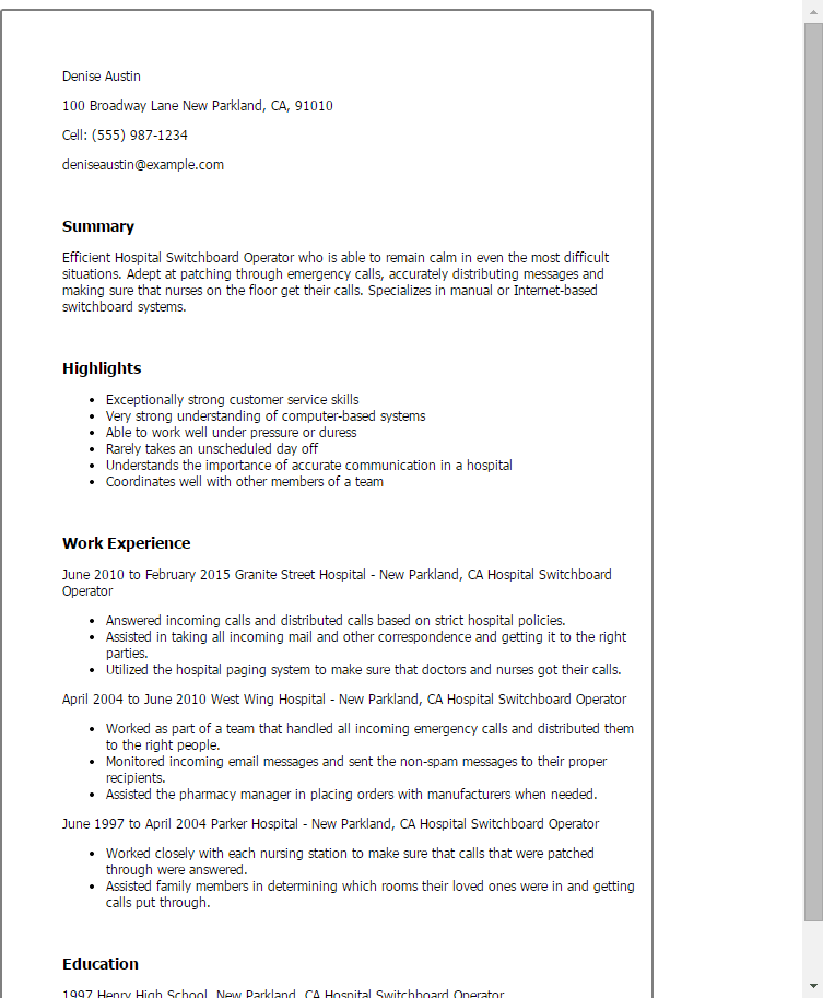 #1 Hospital Switchboard Operator Resume Templates: Try Them Now