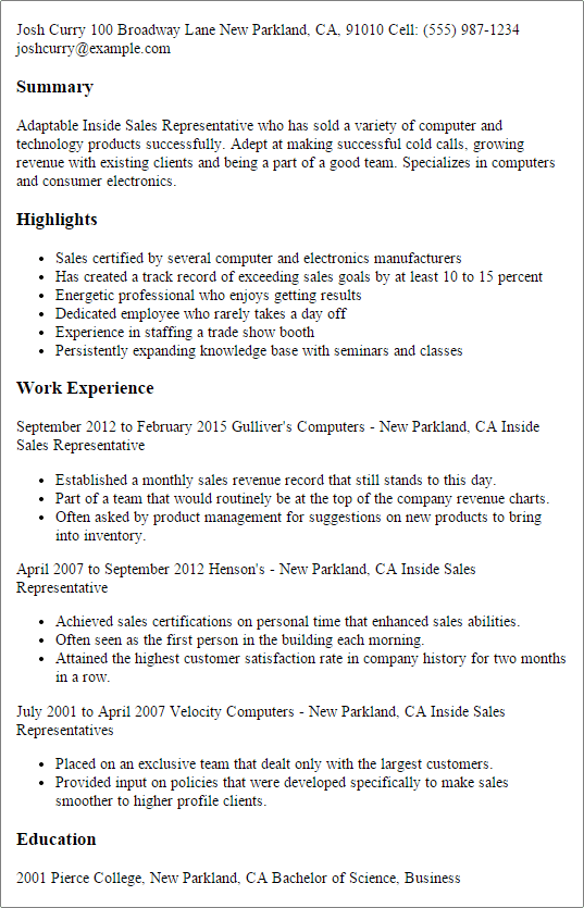 resume sales representatives