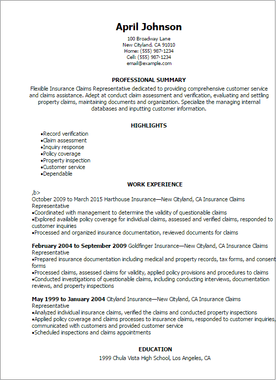 Insurance Claims Representative Resume