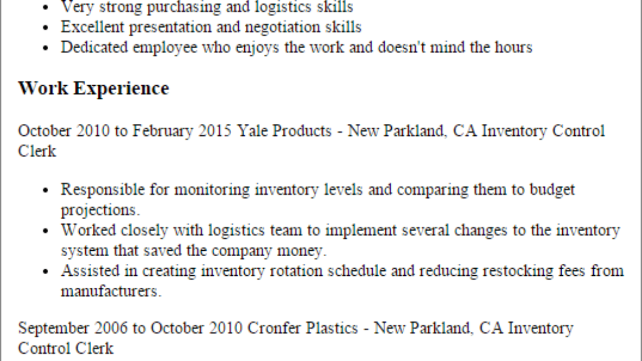 1 inventory control clerk resume templates try them now inventory control clerk resume