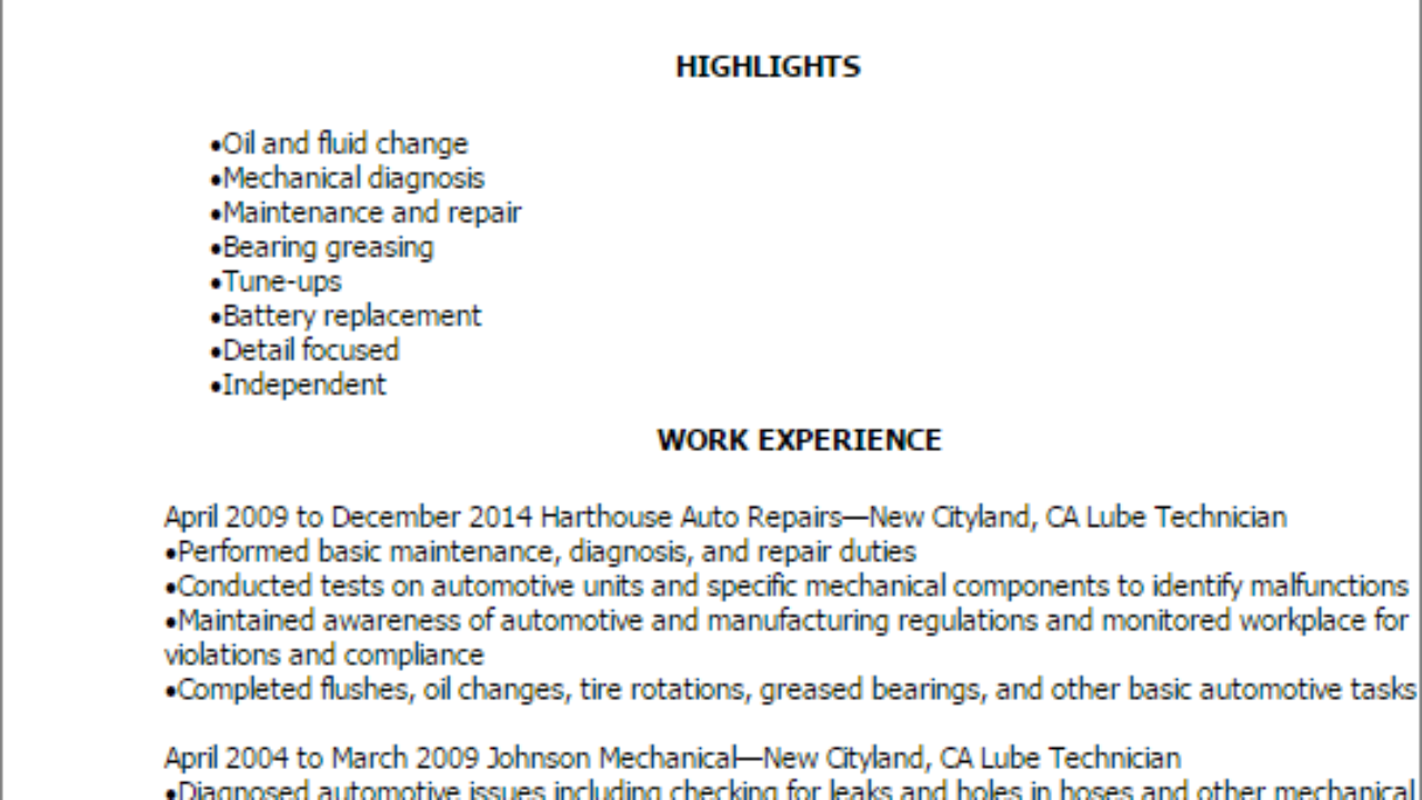 professional lube technician resume templates to showcase lube technician resumes