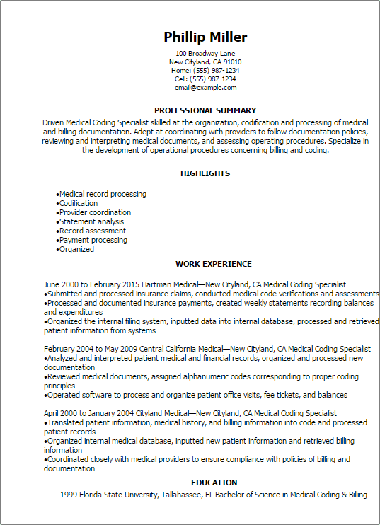 Professional Medical Coding Specialist Resume Templates To Showcase Your Talent Myperfectresume