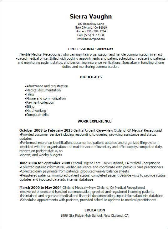 resume format for hospital receptionist