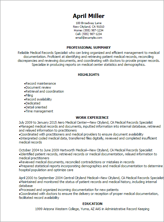 Medical Records Summary Template from www.myperfectresume.com