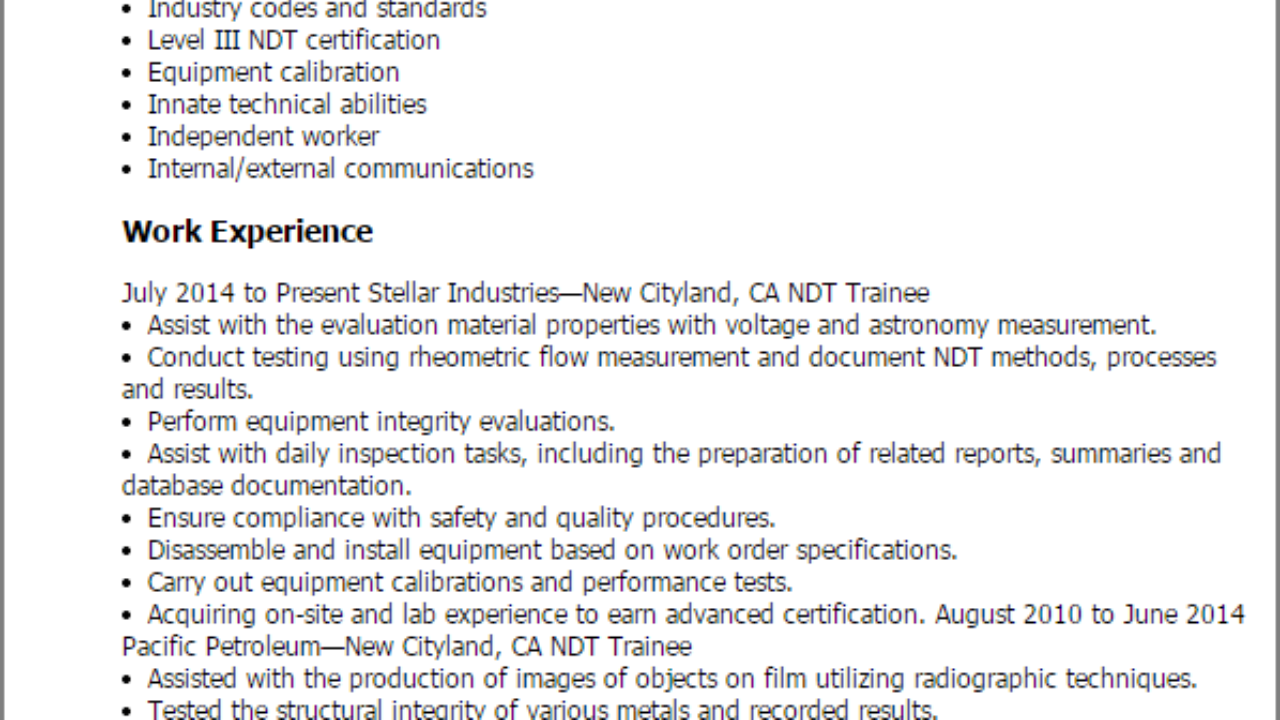 professional ndt trainee templates to showcase your talent ndt resume sample
