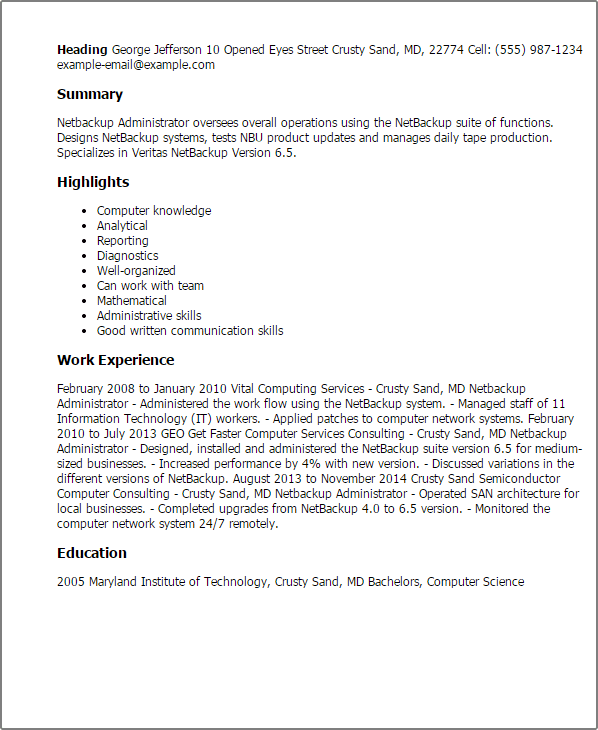 1 netbackup administrator resume templates try them now computer knowledge resume
