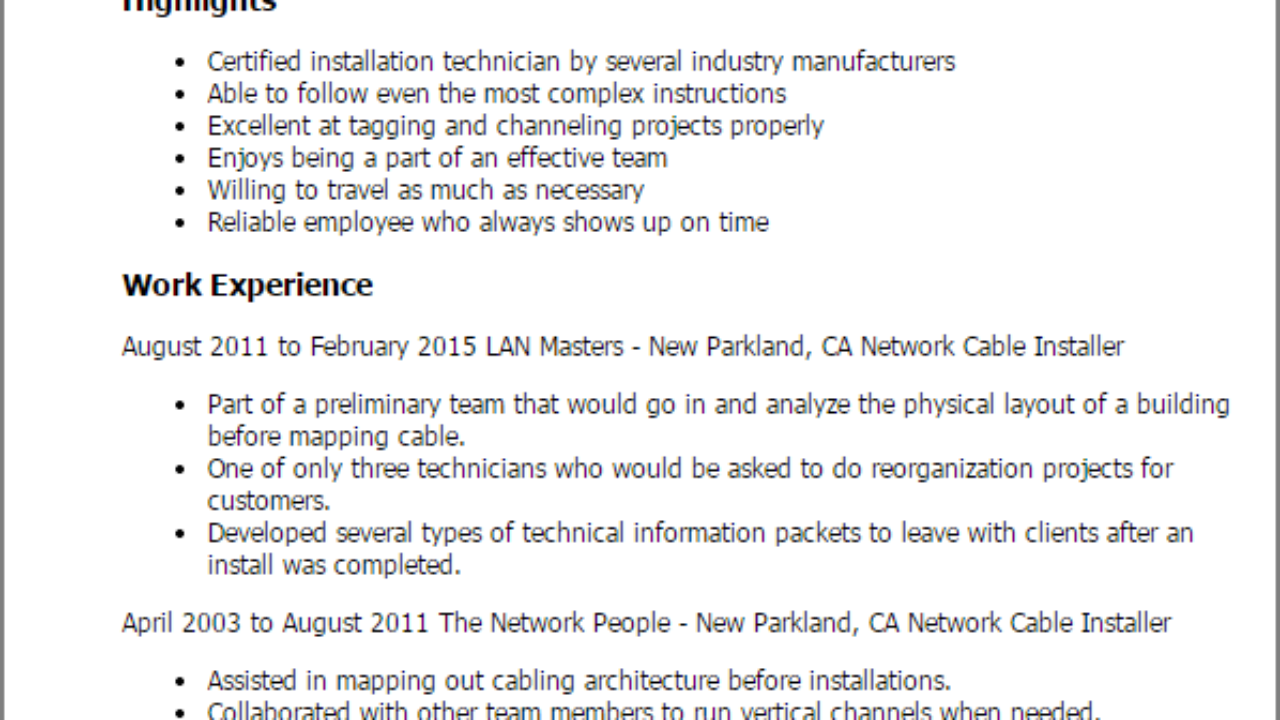 1 network cable installer resume templates try them now cable technician resumes