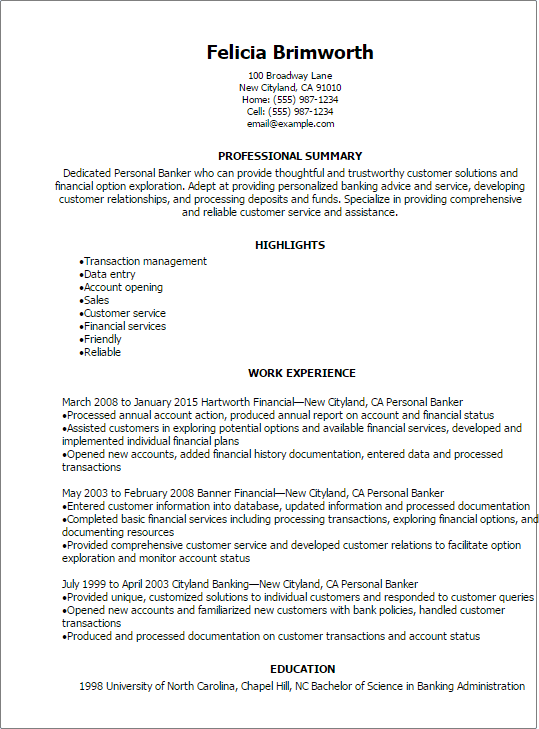 Personal Banker Resume