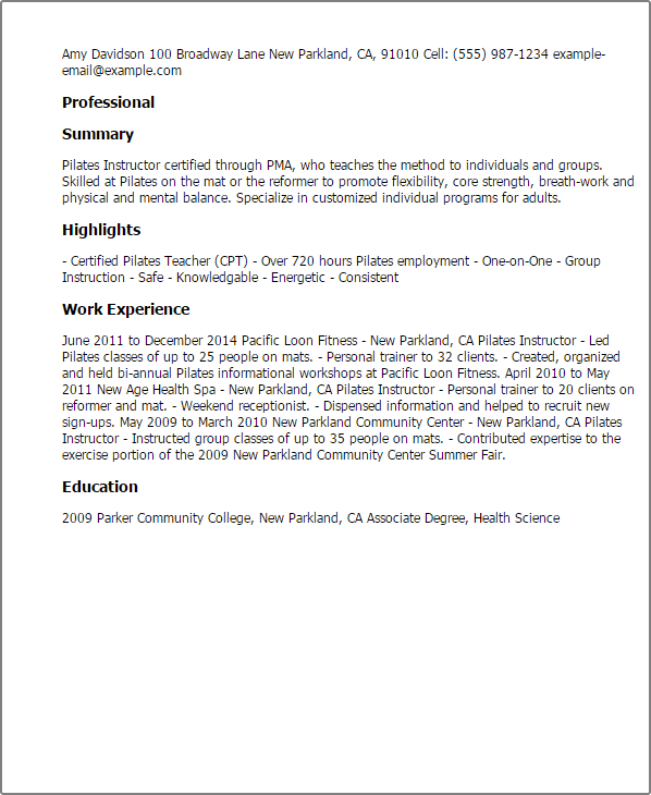 pilates instructor resume example Fitness instructor cv example uk.