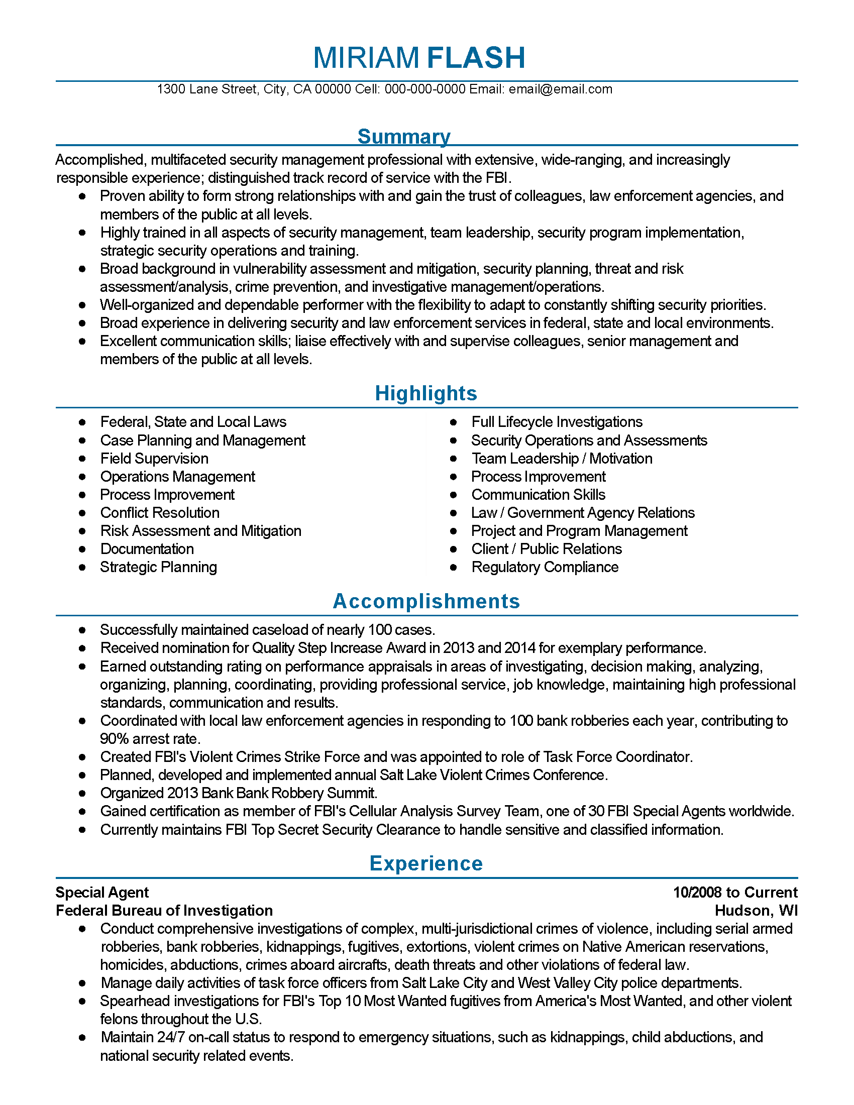 Professional FBI Agent Resume Example  MyPerfectResume