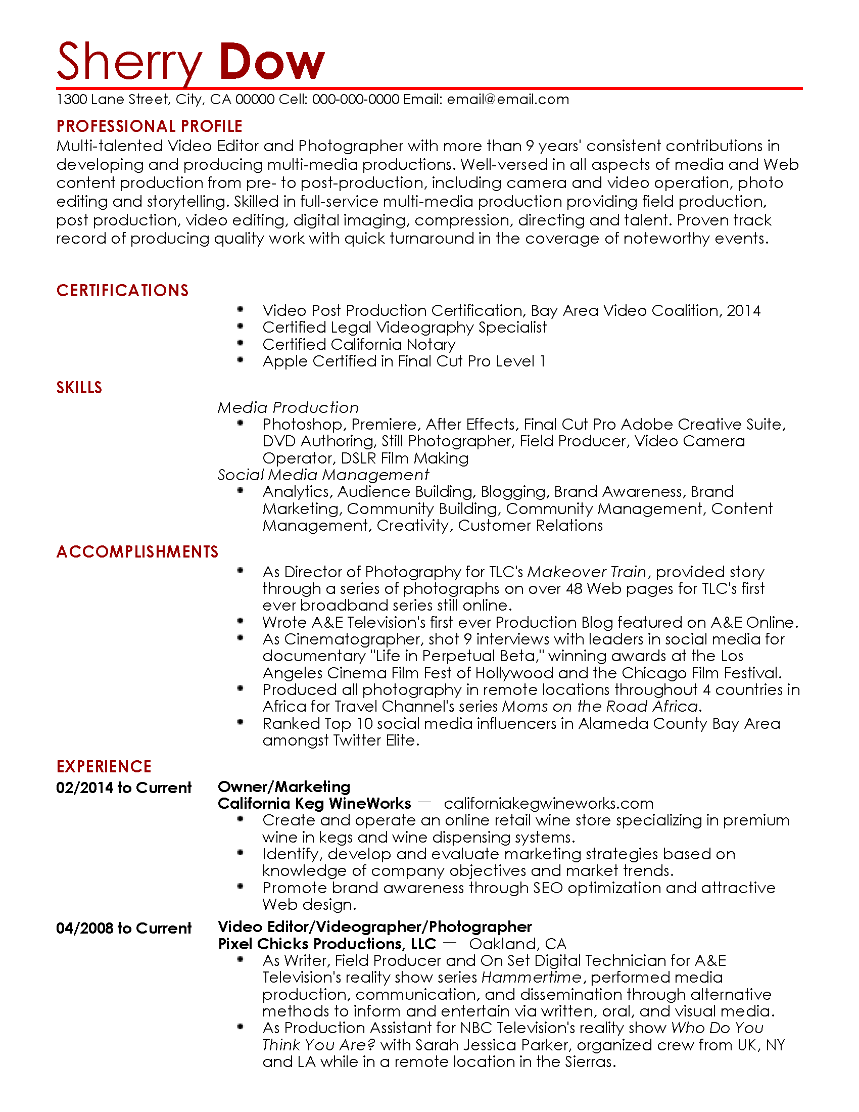 Videographer Resume Example Myperfectresume