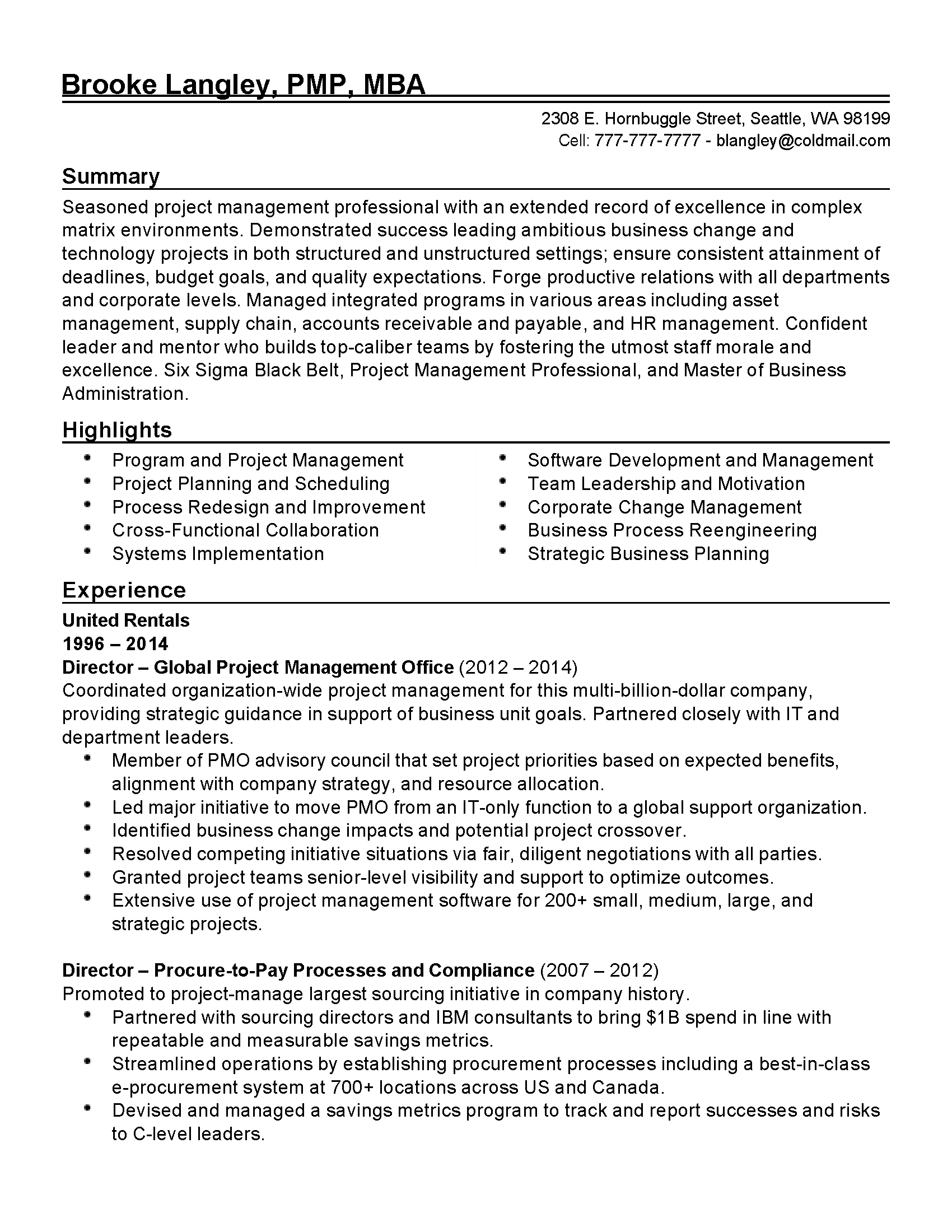 resume example of project manager