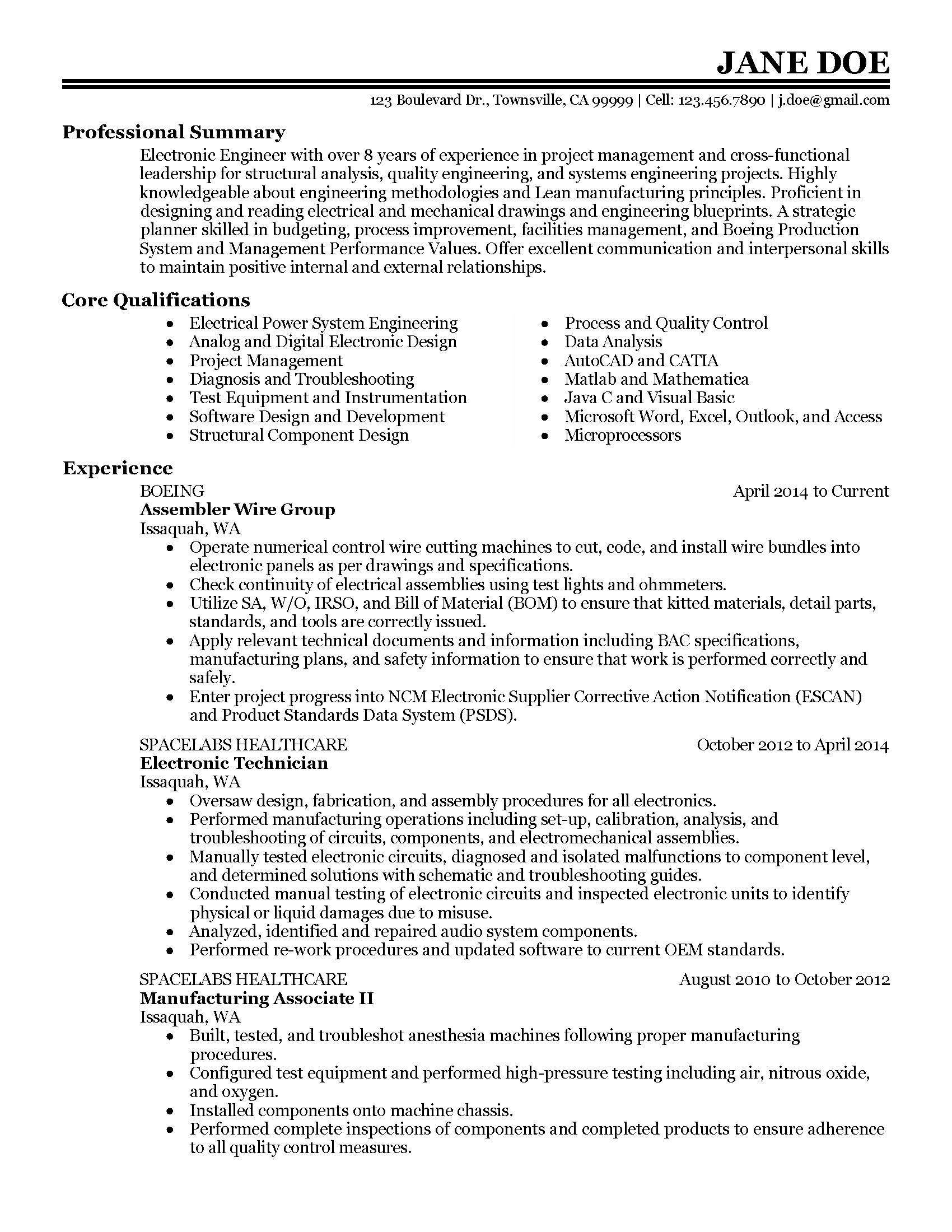 Electronic Engineer Resume Example  MyPerfectResume