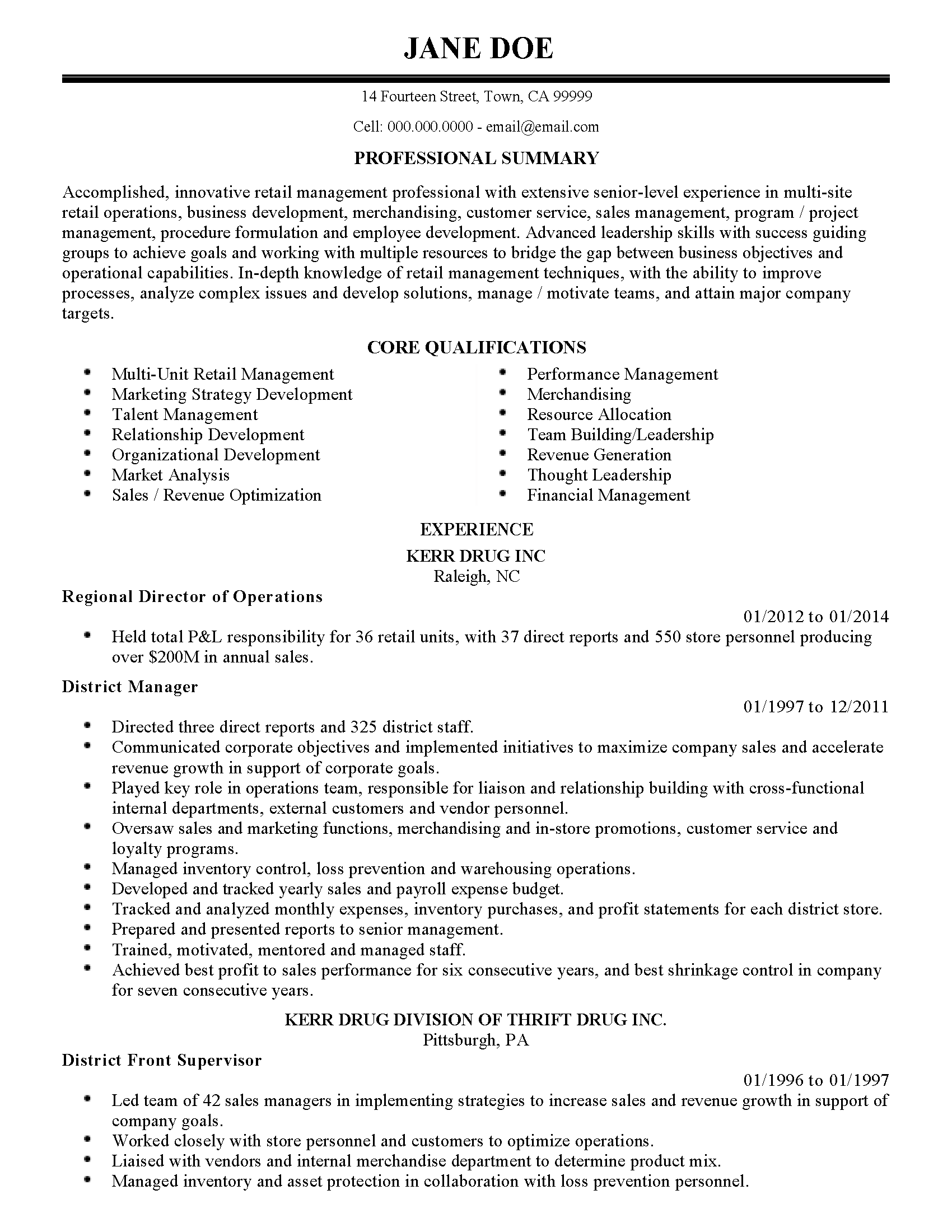 retail store manager resume objective examples